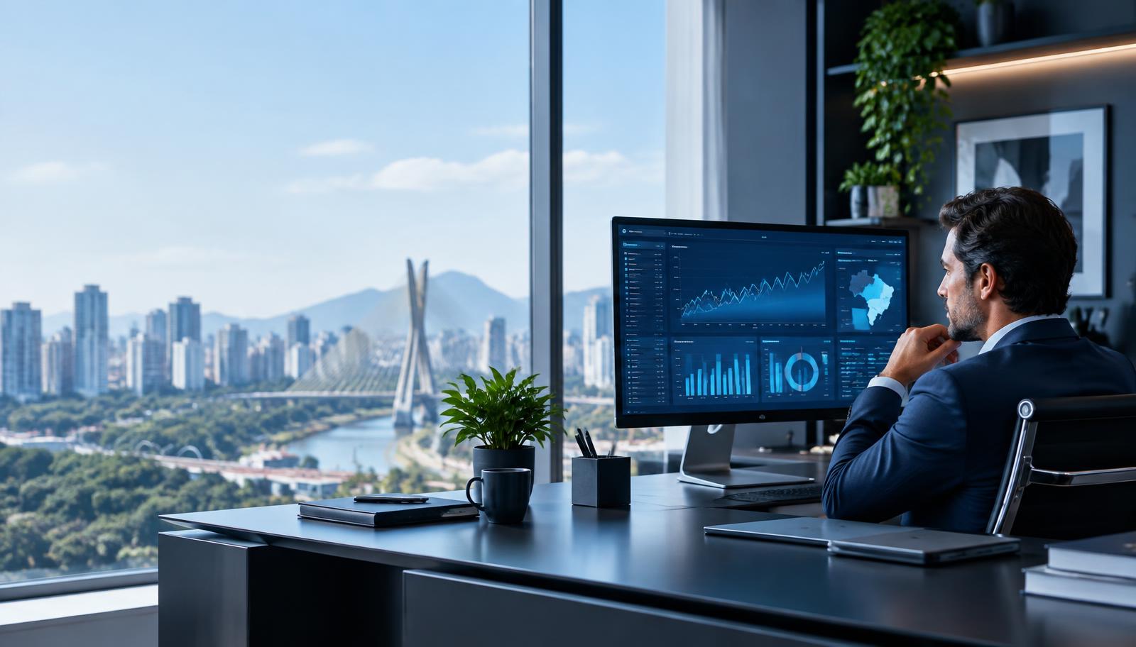 Empresário analisando indicadores financeiros em ambiente corporativo
